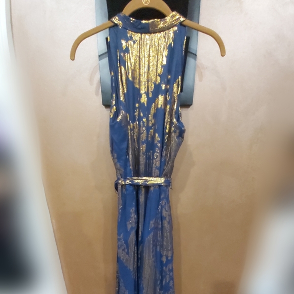 LESLIE FAY Women's Blue With Gold Metallic Maxi Dress Size 10 - Picture 6 of 9